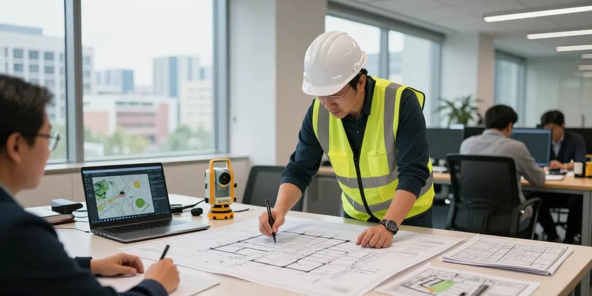 Measured building survey london in a modern construction office with surveyor and advanced surveying tools.