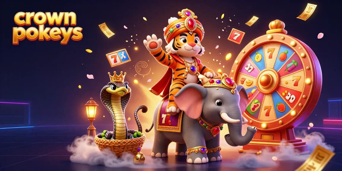 Engage with crown pokies in this vibrant, dynamic casino illustration featuring a maharaja and slot game elements.