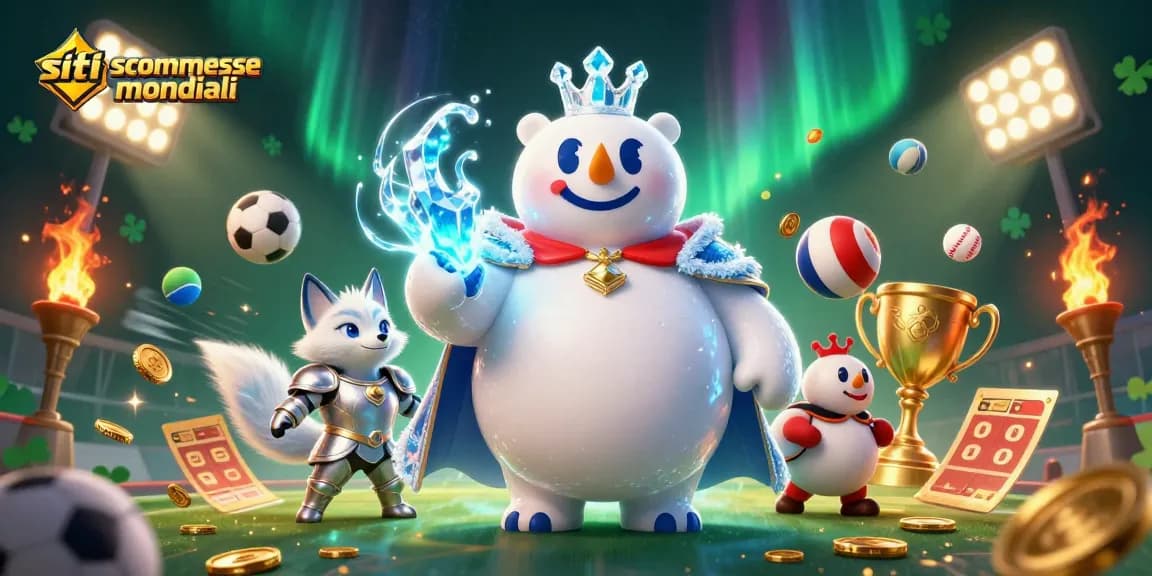 Giochi su siti di scommesse mondiali con palloni sportivi e trofei in un'illustrazione accattivante.