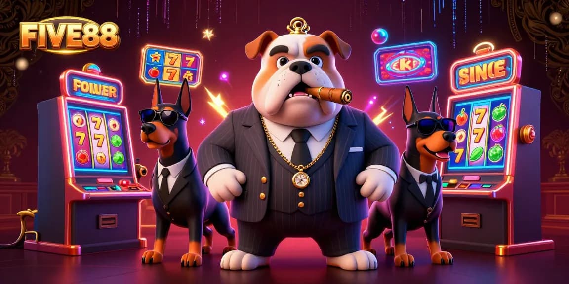 Experience the thrill of FIVE88 with a mafia bulldog and bodyguards in a vibrant casino scene.