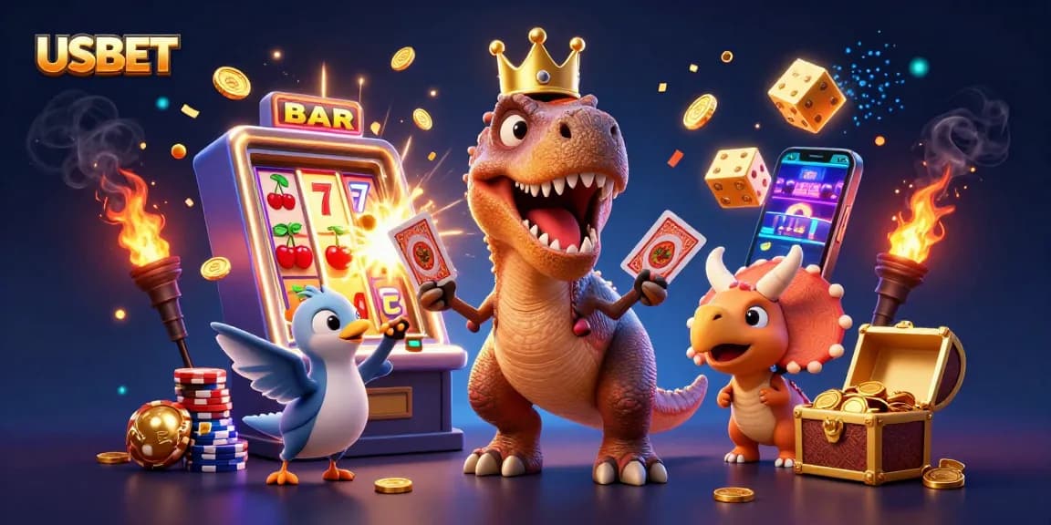 USBET casino scene with a friendly dinosaur character shuffling cards surrounded by vibrant gaming elements.