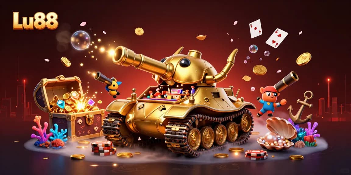Experience thrilling moments at Lu88 with a dynamic 3D illustration of a casino tank amidst underwater treasures.