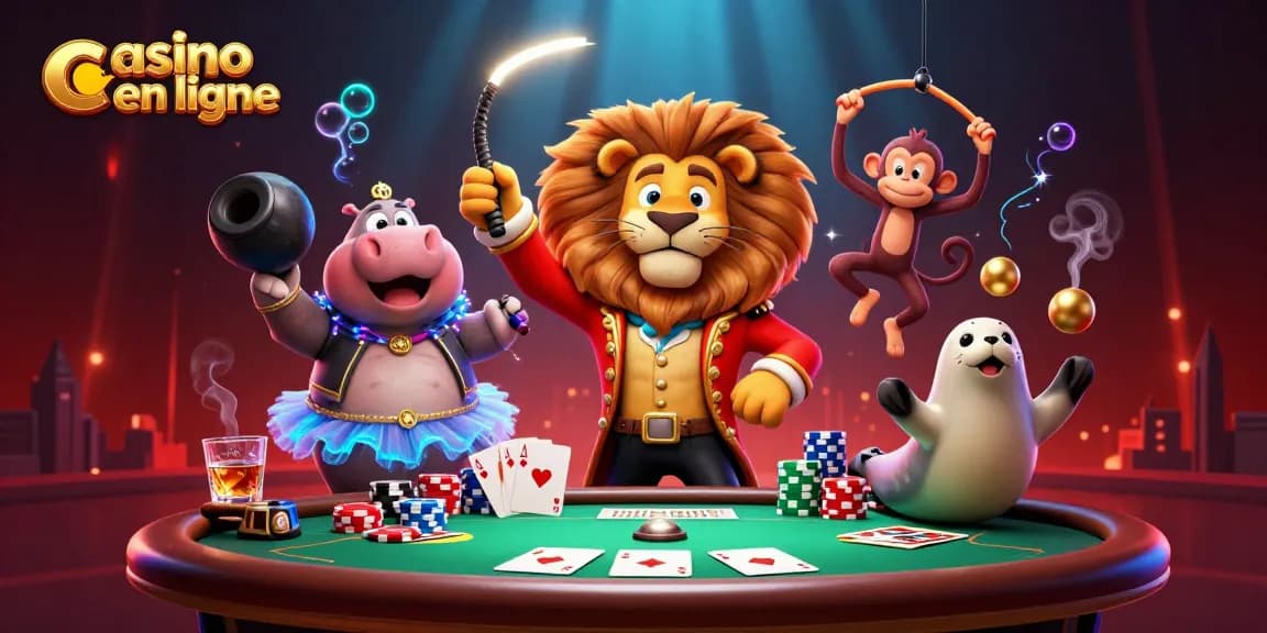 Gagnez chez casino en ligne avec une scène de cirque et des jeux de cartes colorés.