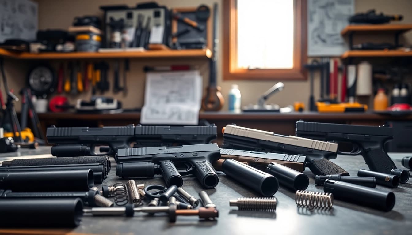 Glock 19 slides showcasing various finishes on a workbench to highlight customization.