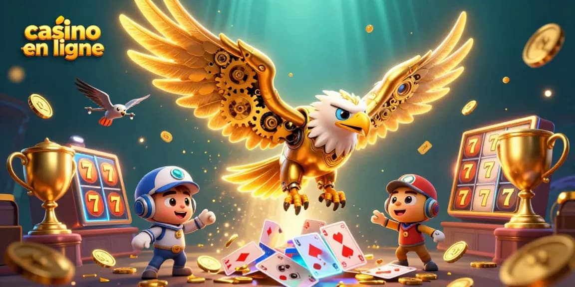 Plongez dans l'univers du casino en ligne avec un aigle cybernétique et des éléments de machine à sous dynamiques.