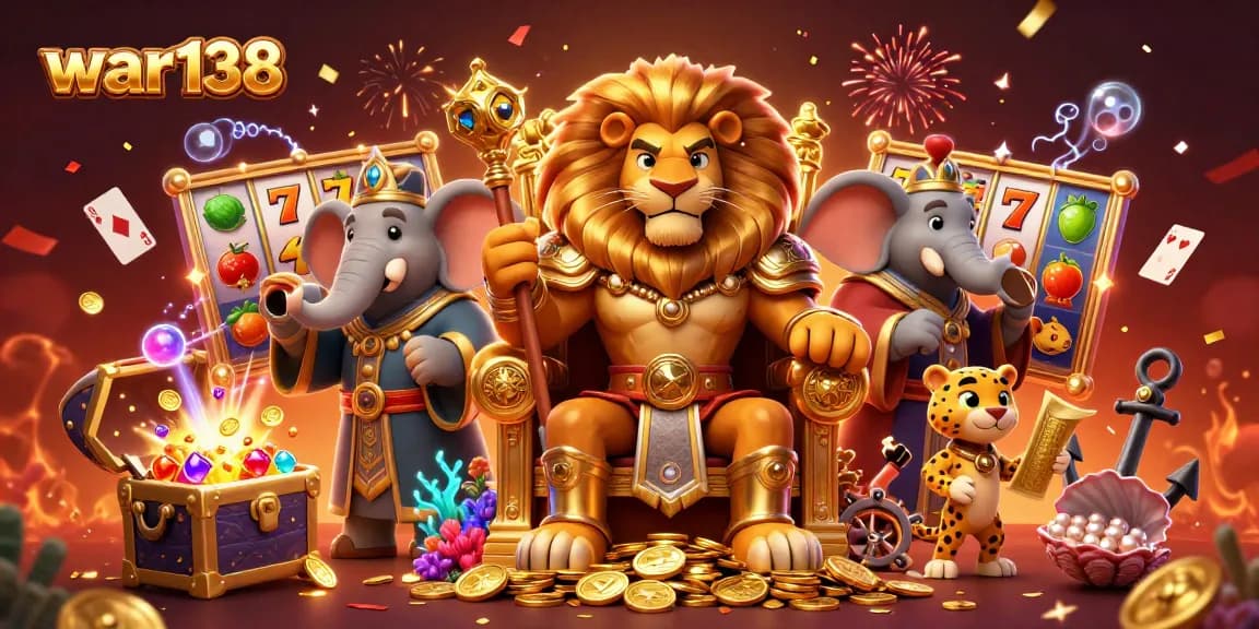 Experience thrilling slots action at war138 with a fierce lion king on a treasure throne