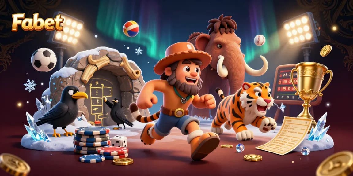 Fabet showcases a lively ancient casino scene with a caveman, sabertooth tiger, and a clever crow, celebrating gambling excitement.