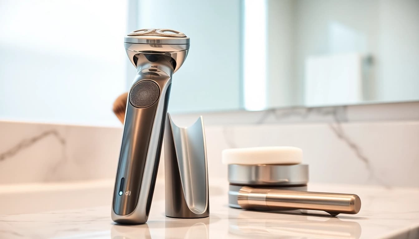 Demonstrating electric shaver for close shave with a sleek design in a modern bathroom setting.
