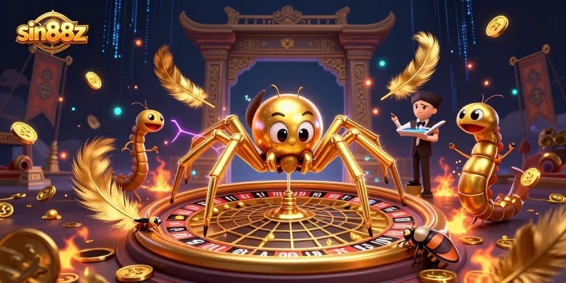 Experience thrilling bets at sin88z with a cartoon spider croupier in a vibrant casino scene.