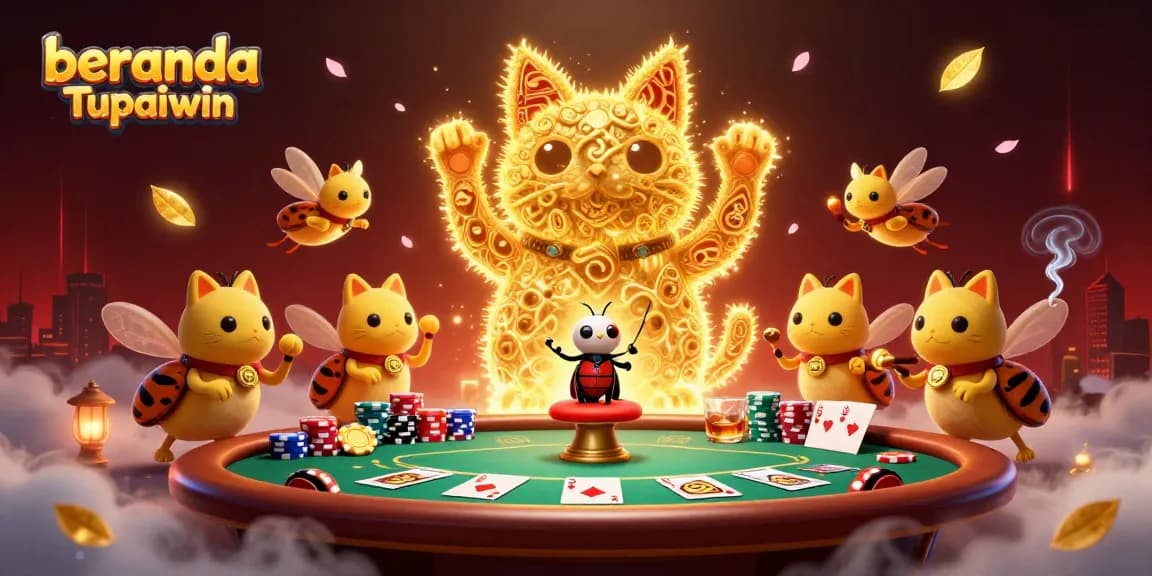 Gambarkan beranda Tupaiwin dengan simbol kasino dan karakter lucu yang menyenangkan.