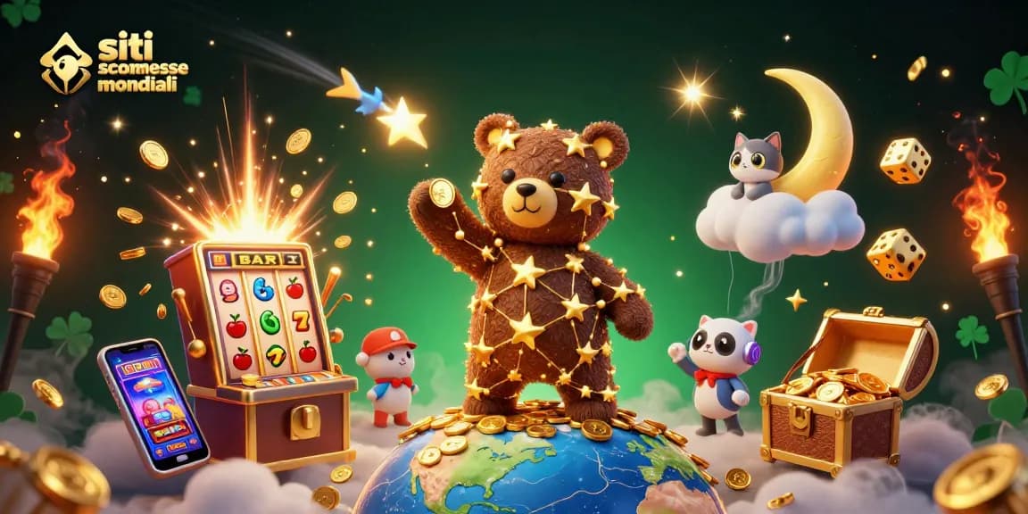 Scommetti sui siti scommesse mondiali con un'illustrazione 3D di orso, monete e slot machine vibranti.