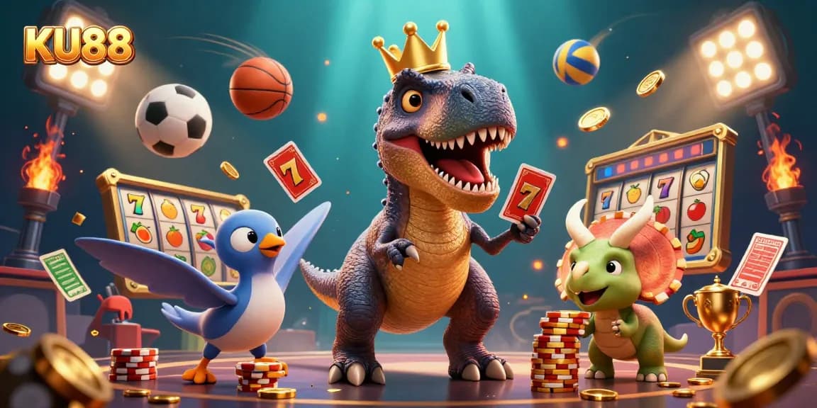 Play slot games and win big at KU88 with our vibrant casino illustration featuring friendly dinosaurs.