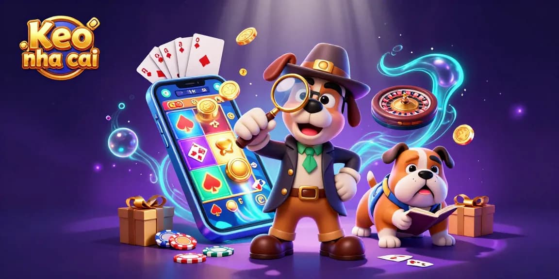 Engage with Keo nha cai: Explore a thrilling casino scene featuring a detective and clues amidst vibrant gaming elements.