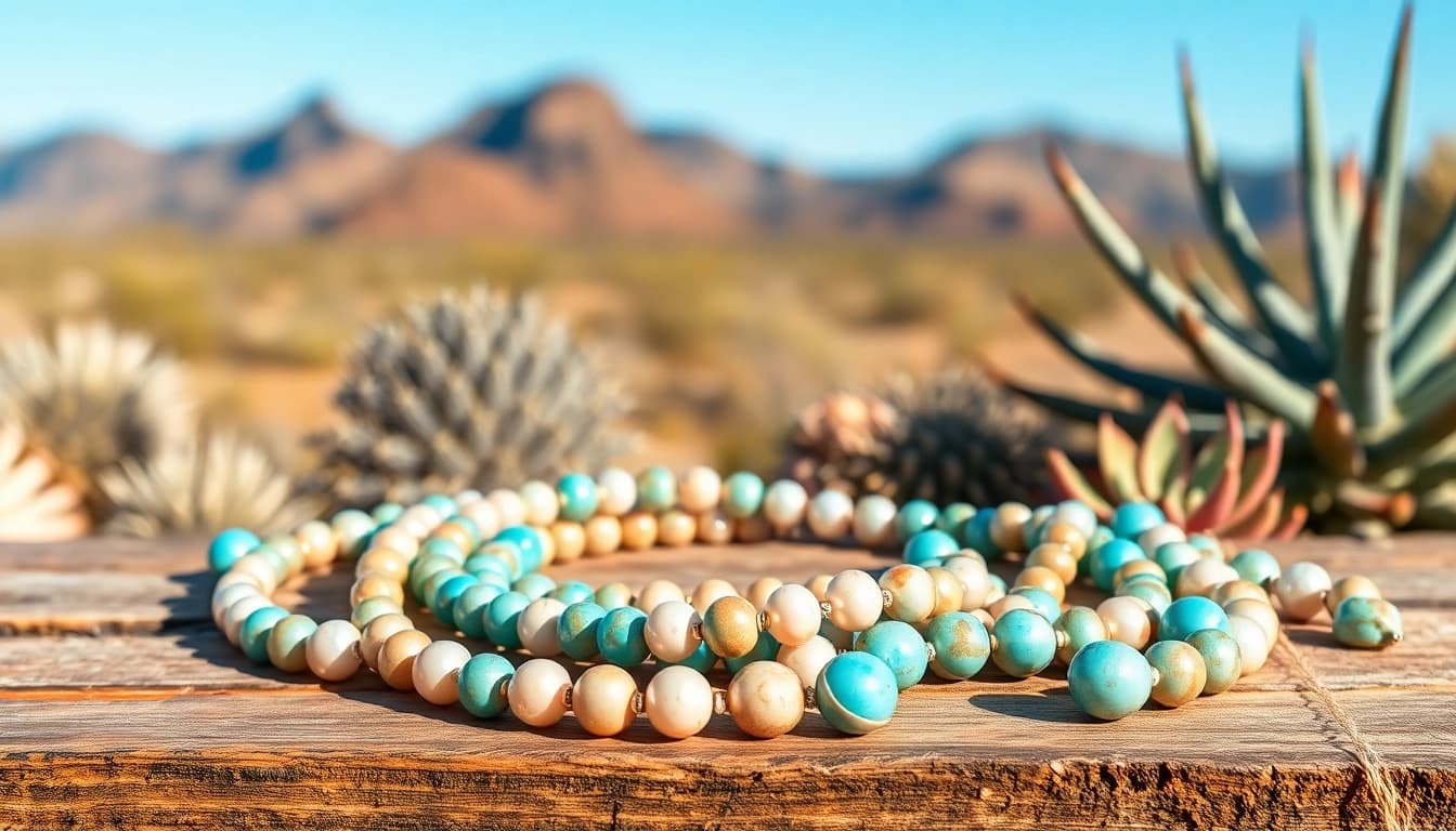 Admiring Navajo Pearls Canada displayed on a rustic table with natural textures.