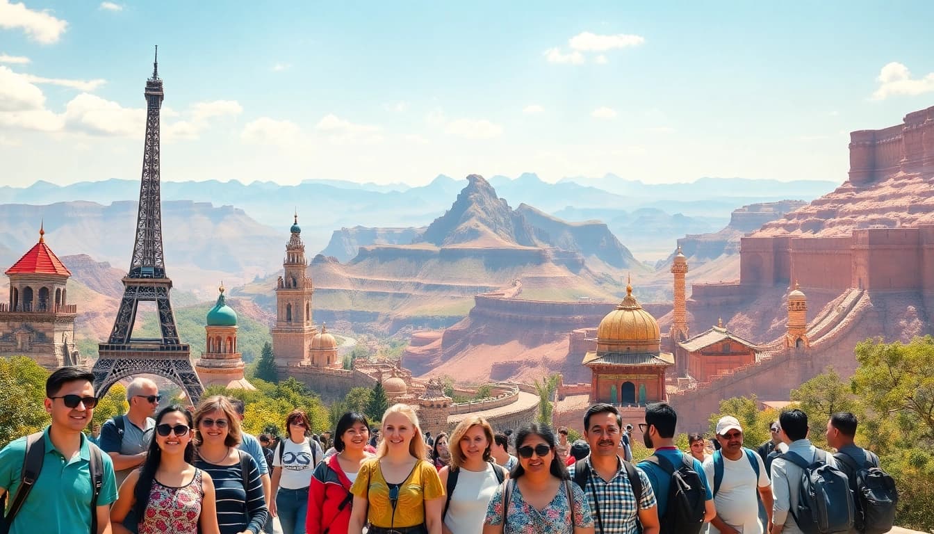 Engaging view of travelers at stunning round the world destinations highlighting iconic landmarks.