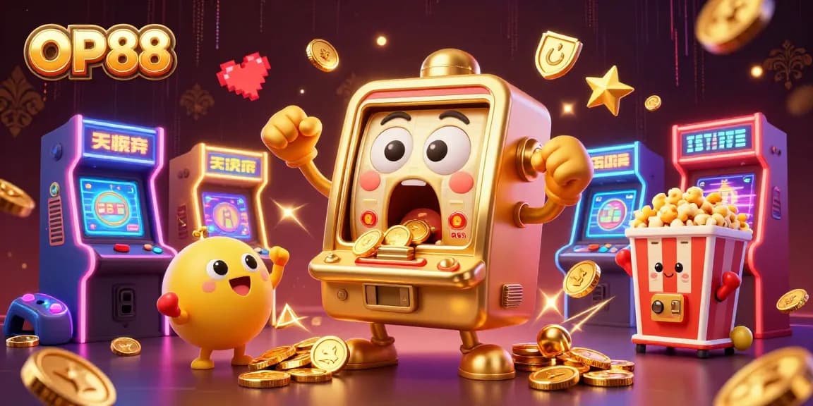 Experience the thrill of OP88 with a cartoon slot machine celebrating a jackpot amidst vibrant gaming elements.