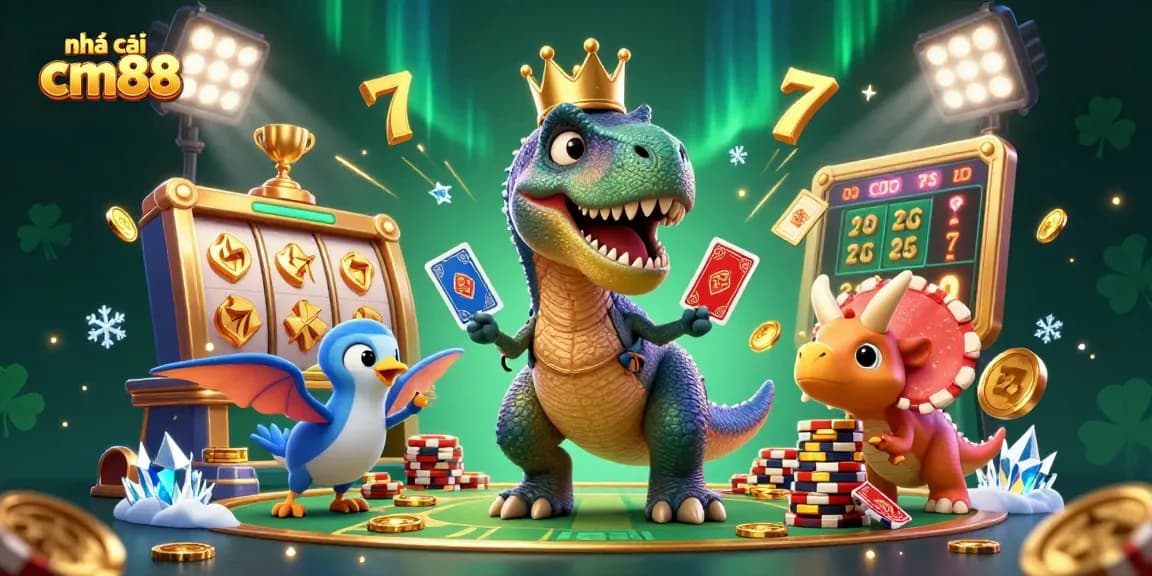 Engage in thrilling adventures with nhà cái cm88 as a dinosaur duo shuffles cards and stacks golden chips