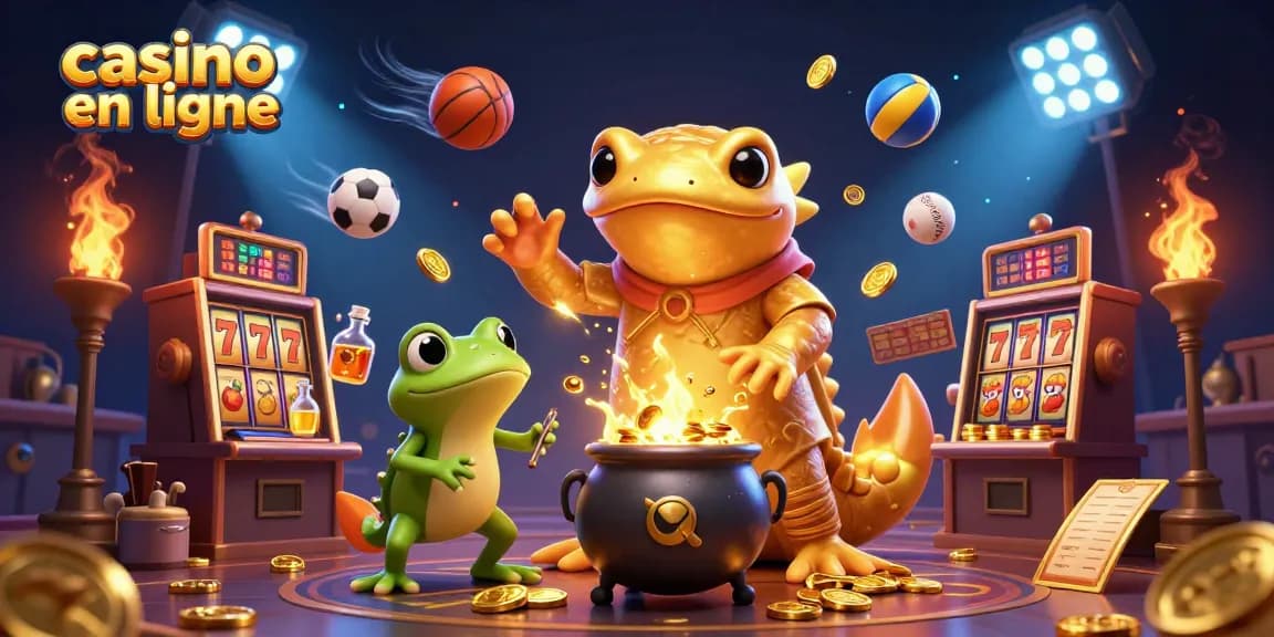 Illustration d'un casino en ligne avec alchimiste et éléments de jeu dynamiques.
