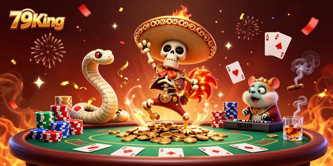 79King showcases a vibrant 3D casino celebration where a rooster, mummy snake, and DJ hamster bring excitement to gambling.
