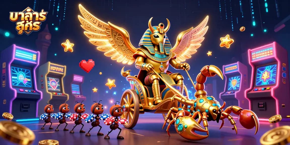 Engage in บา ค่า ร่า สูตร strategies with a vibrant 3D casino scene featuring a golden scarab and scorpions.
