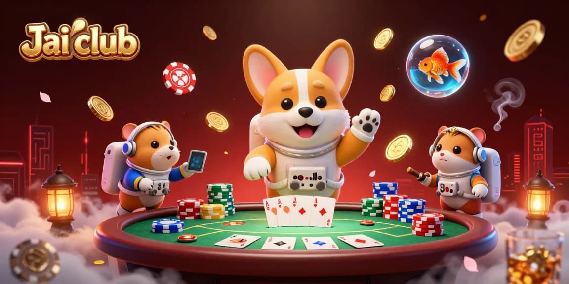 Engage with Jai club's vibrant casino scene featuring a floating corgi astronaut and colorful poker elements.