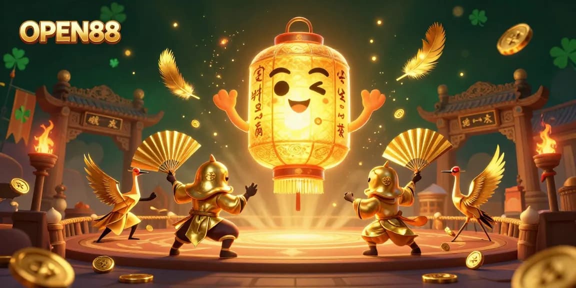 Experience thrilling adventures at OPEN88 with vibrant golden characters and casino elements.