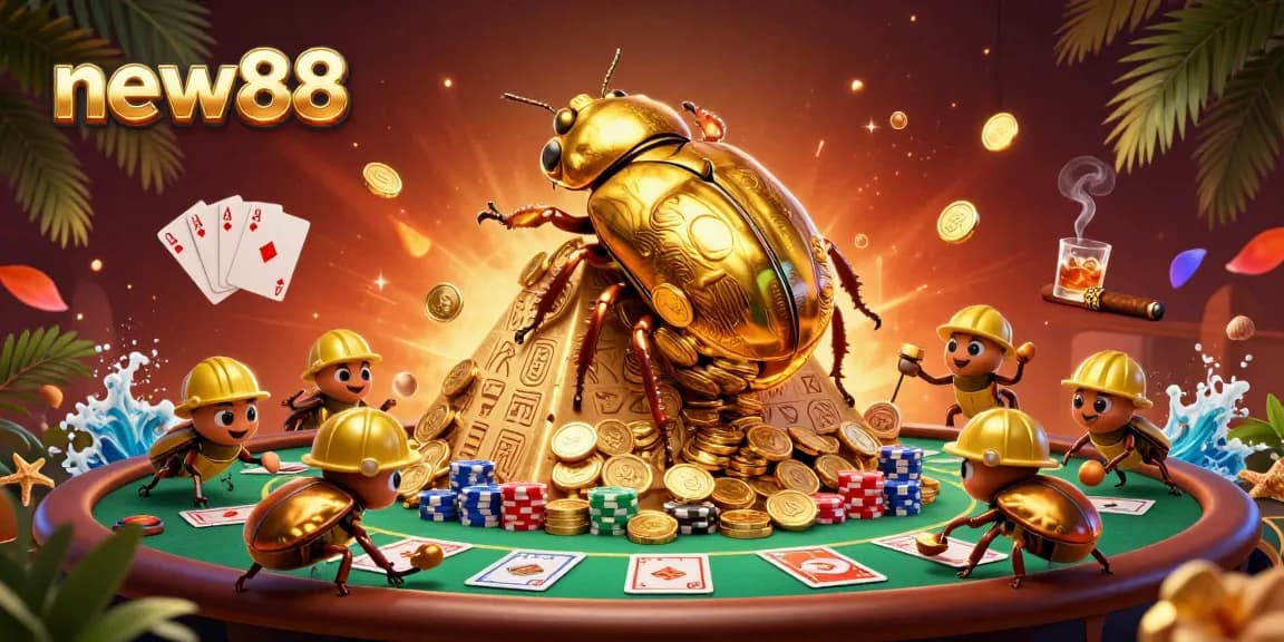 Win big at new88 with this vibrant casino-themed 3D illustration of beetles and poker elements.