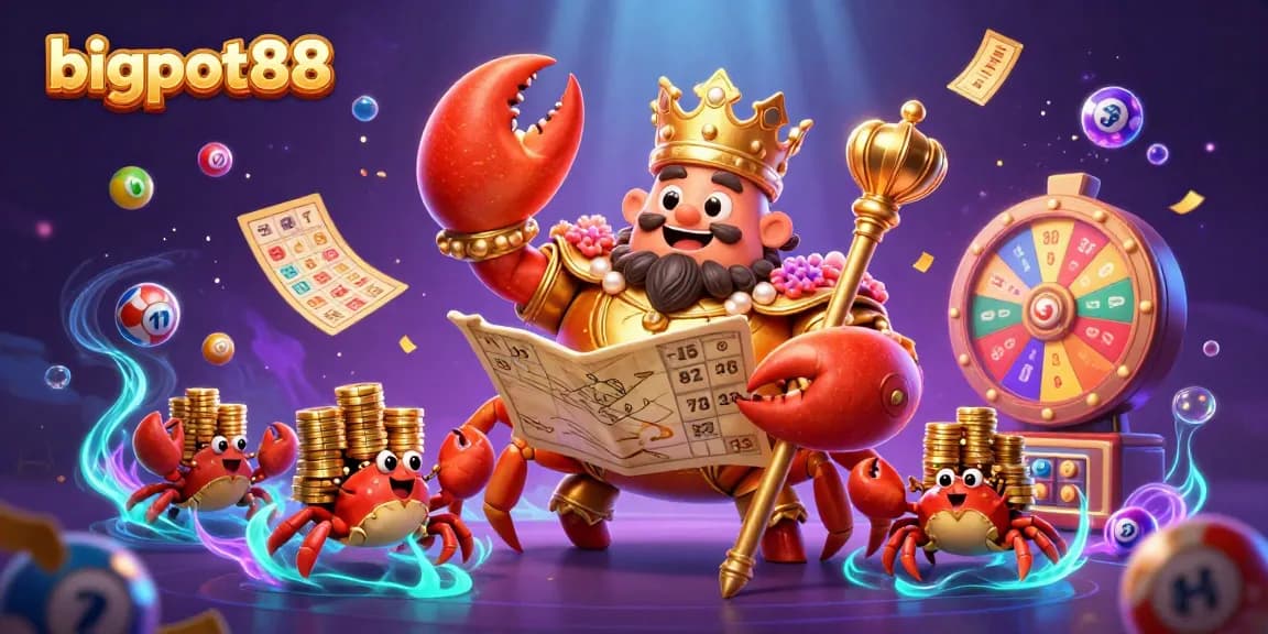 BIGPOT88 menampilkan ilustrasi karnaval dengan karakter krustasea emas dan bola lotere berwarna-warni.
