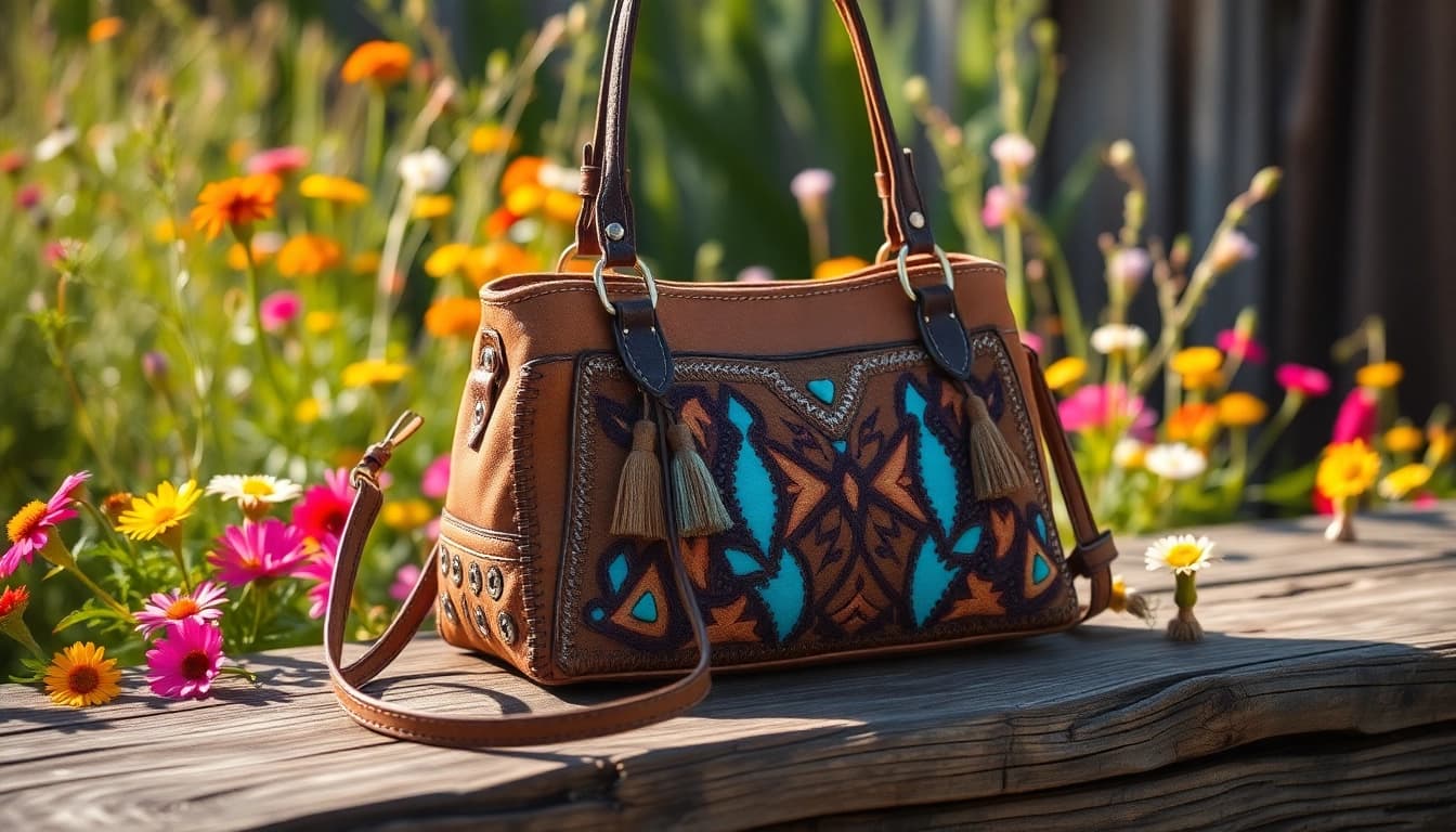 Showcase vibrant montana west purse on rustic table with wildflowers.