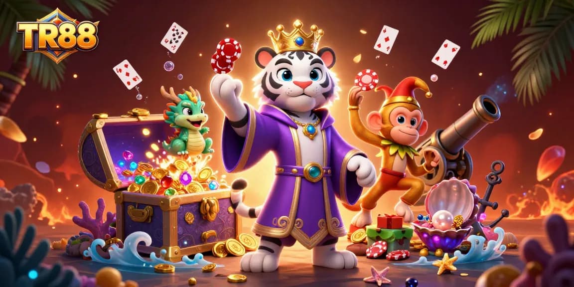 TR88 features a 3D cartoon tiger in royal robes, alongside a monkey and dragon, surrounded by casino elements.