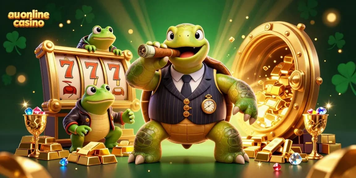 Engage in the exciting world of au online casino with a 3D turtle mobster and gold treasure illustration.
