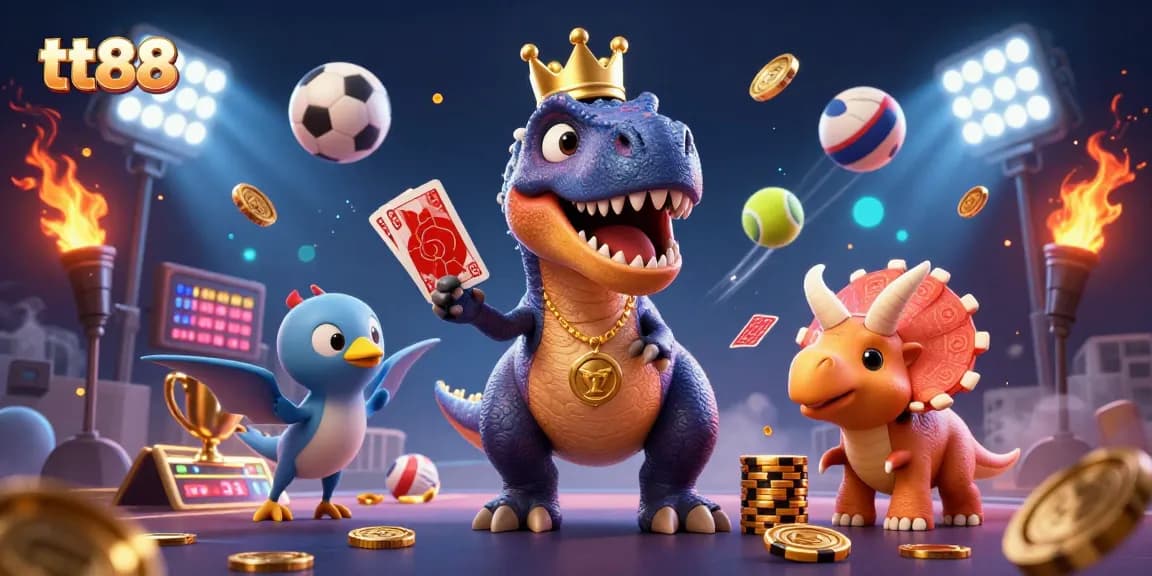 Experience the thrill of gaming at tt88 with a playful 3D T-Rex shuffling cards in an energetic casino scene.