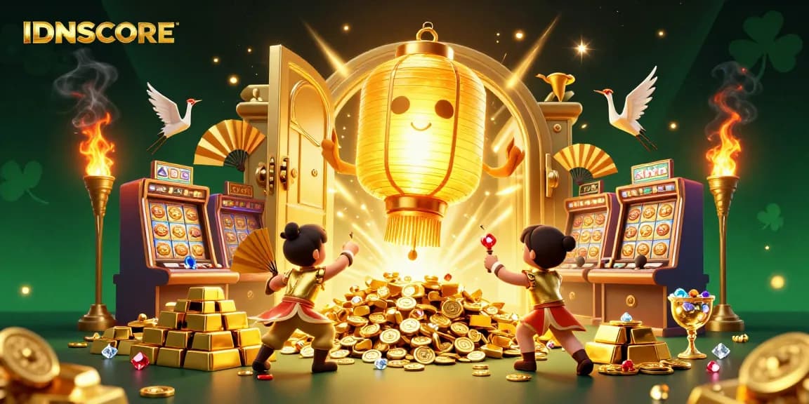 Engage with IDNSCORE's thrilling slot experience, featuring glowing lantern spirit and jackpot symbols.