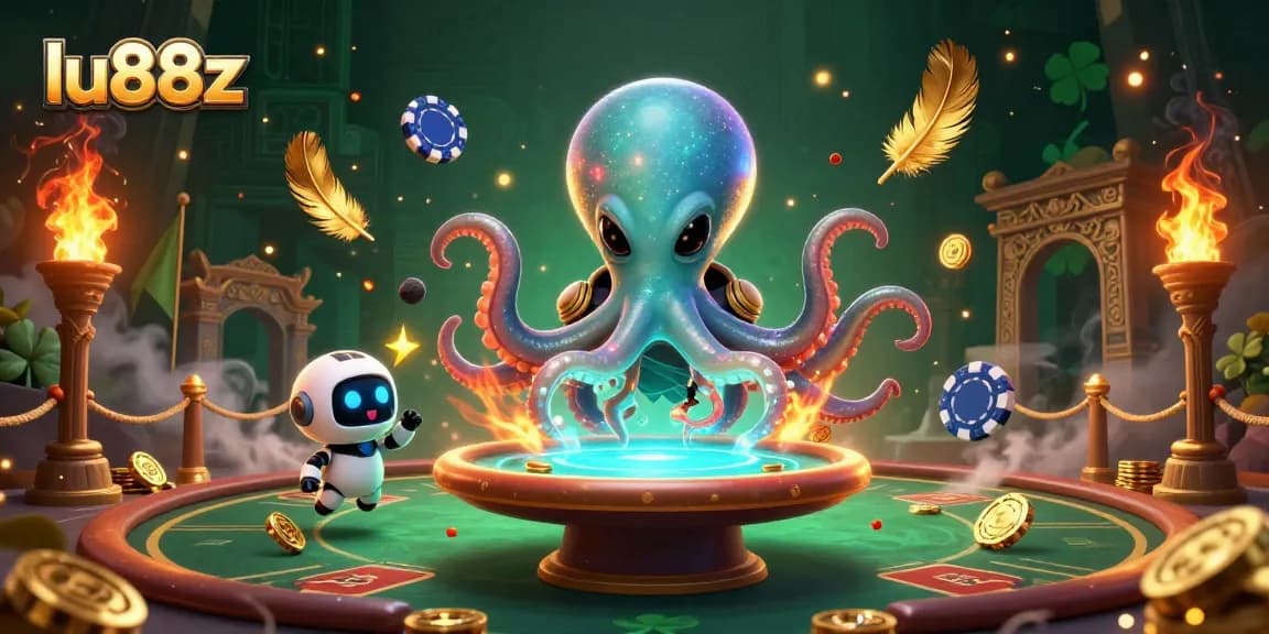 lu88z captures an alien octopus at a holographic poker table amidst vibrant casino elements.