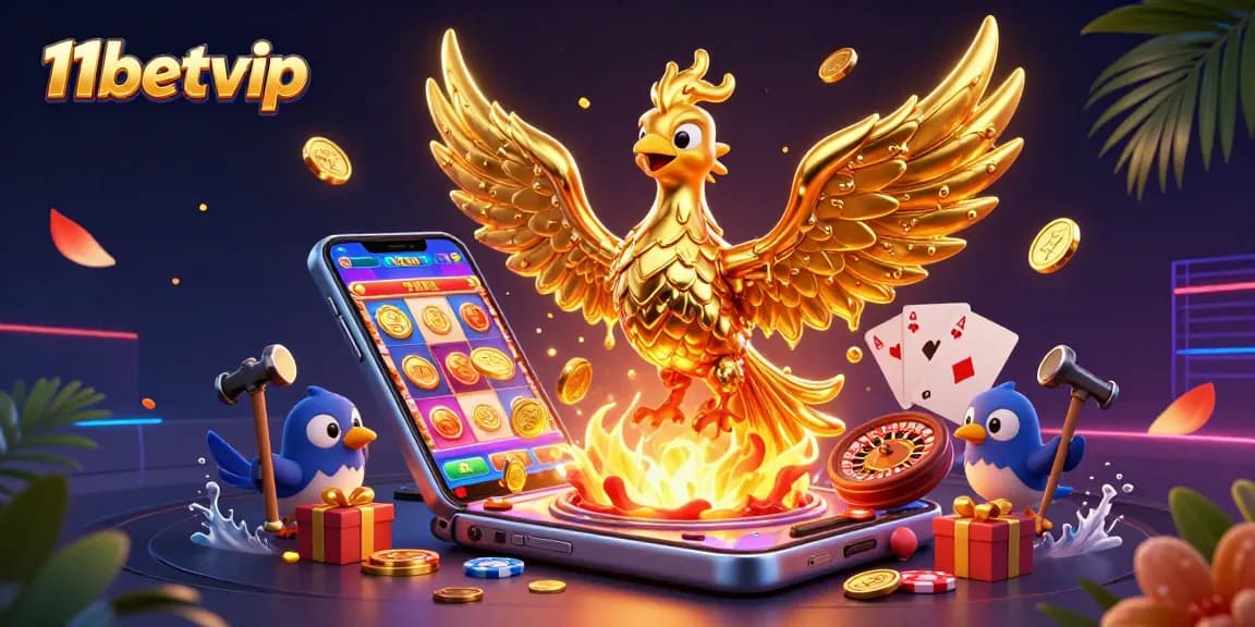 Engage with 11betvip's vibrant golden phoenix and dynamic casino scene featuring exhilarating slot games.