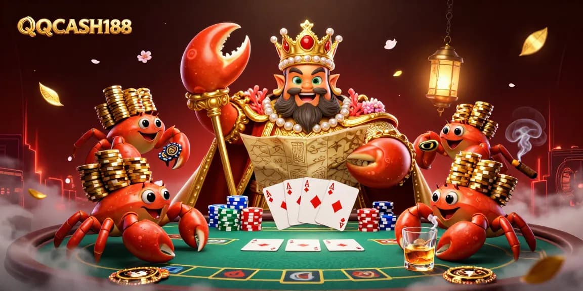 Play poker with QQCASH188 amidst vibrant casino elements featuring a golden crab emperor.