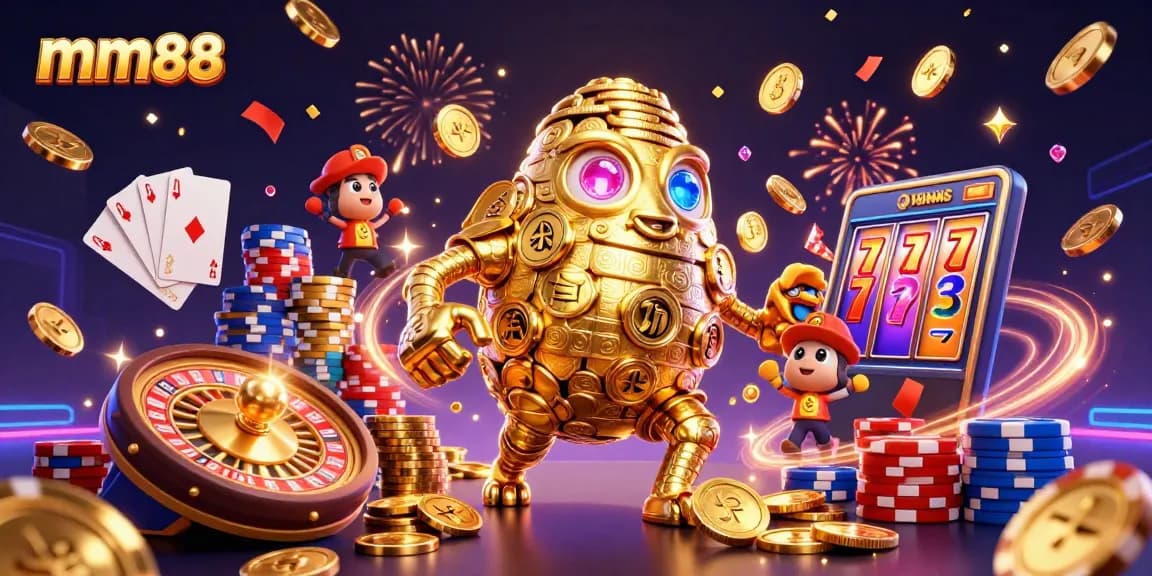 Experience the excitement at mm88 with a vibrant 3D casino scene featuring jackpots and golden treasures.