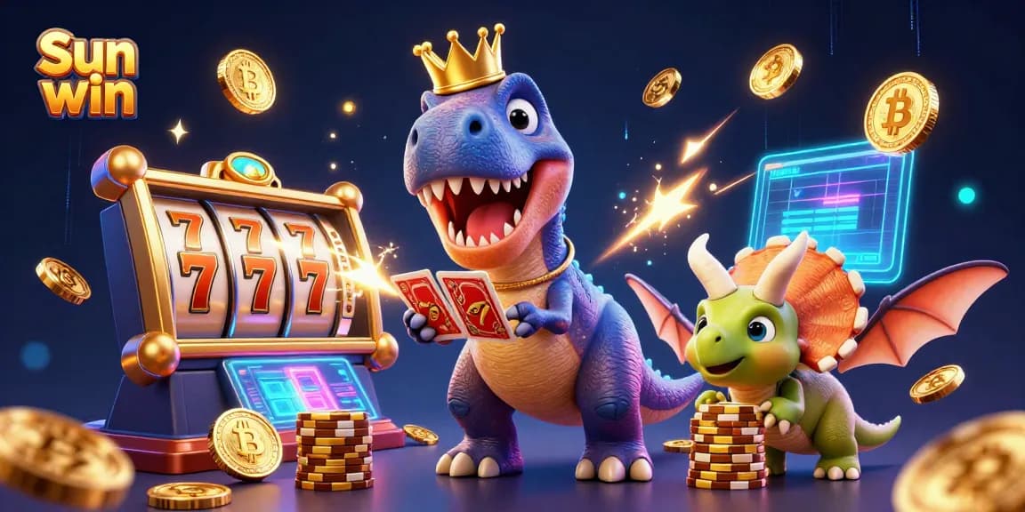 Engage in thrilling gaming at Sun win with cartoon dinosaurs shuffling cards and stacking chips.