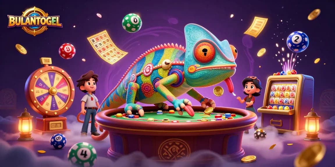 Experience excitement with BULANTOGEL as a cartoon chameleon owner in a vibrant casino scene.
