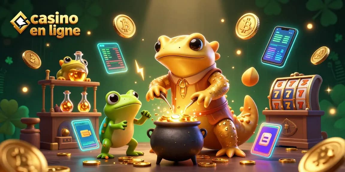 Illustration interactive de casino en ligne avec un alchimiste salamandre transformant des métaux en pièces d'or