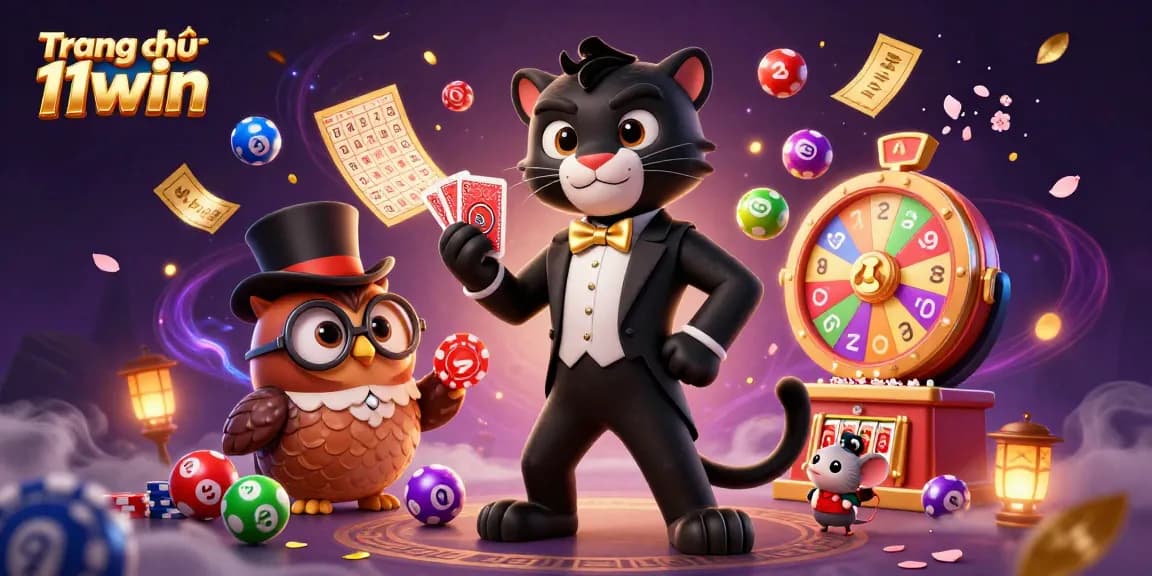Experience the excitement of Trang chủ 11win with a stylish panther, owl, and lucky mouse amidst vibrant casino elements.