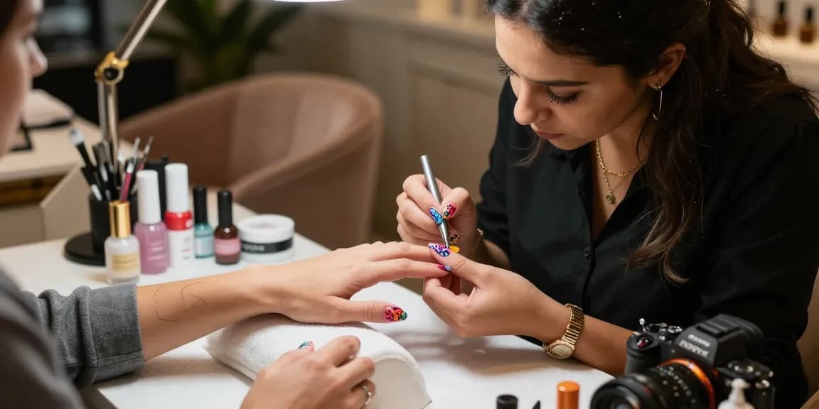 Pengalaman mewah di salon kuku dengan LUXURY 12 yang menampilkan desain kuku yang rumit.