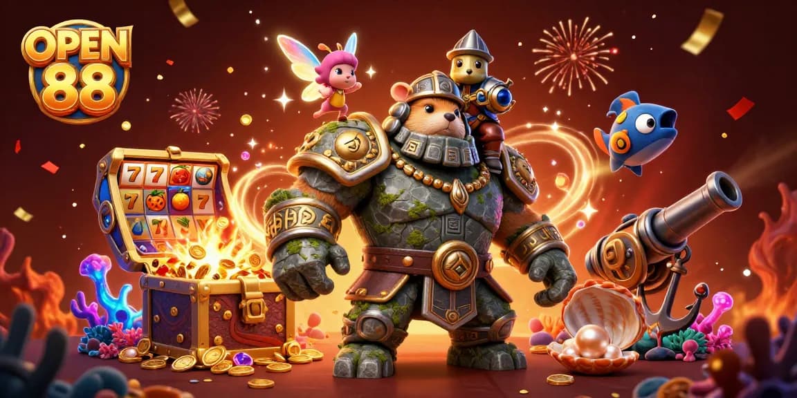 Spin and win at OPEN 88 with a magical 3D scene featuring a stone golem guardian and treasures!