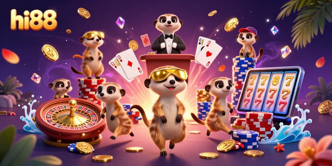 Experience thrilling gameplay at Hi88 Casino with engaging meerkats amid dazzling casino elements.