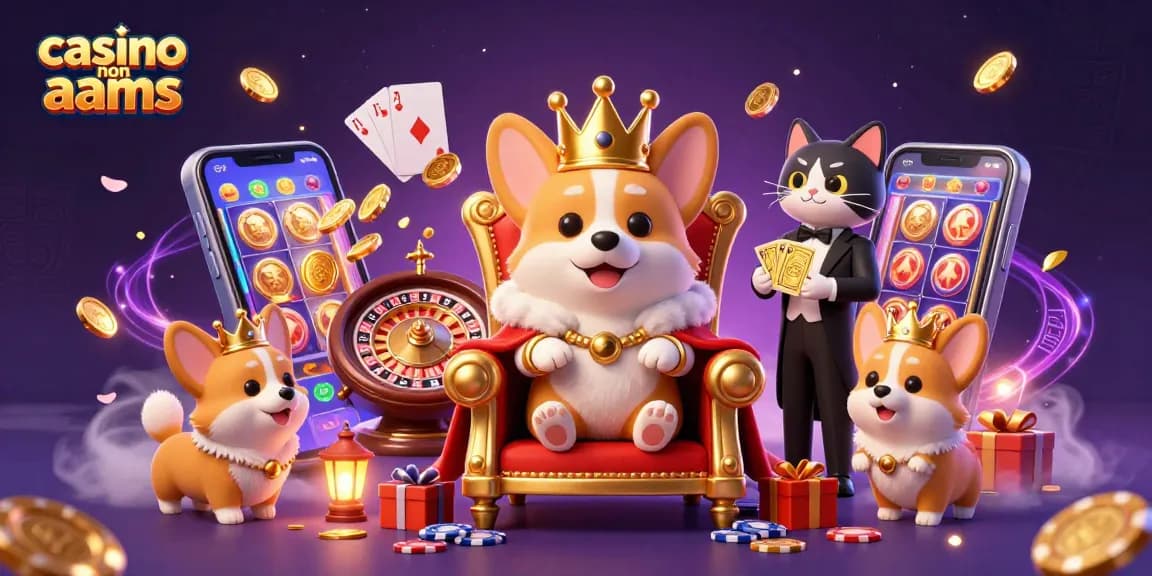Gioca nei casino non AAMS con un corgi reale circondato da simboli di gioco, carte e chip.