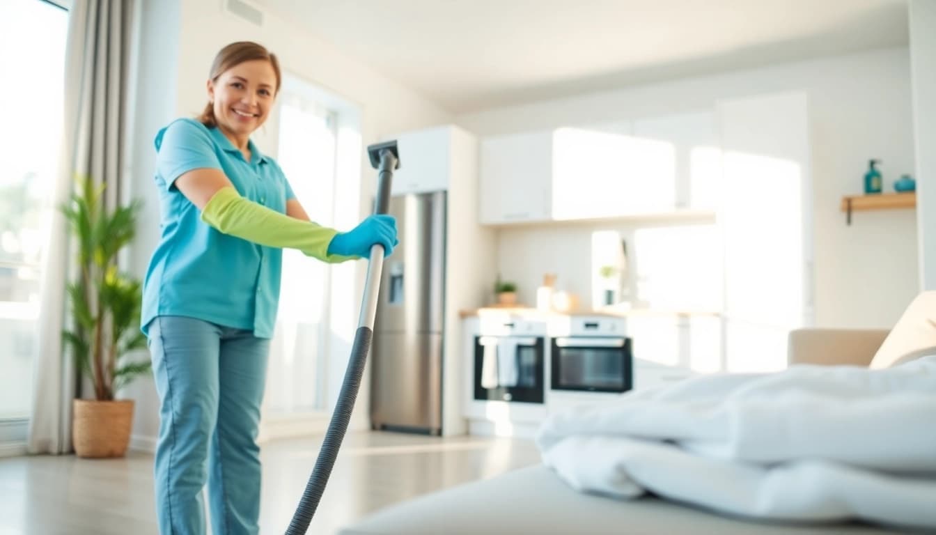 Engaged in bond cleaning, a professional shines a bright kitchen during a detailed clean.
