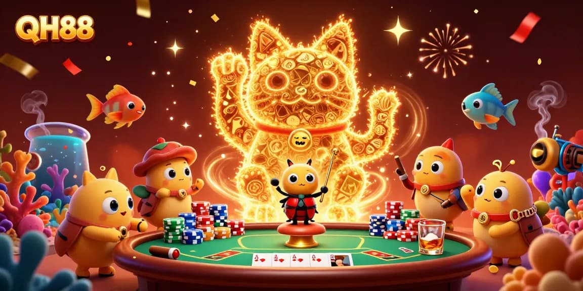 Engage in QH88 underwater fishing action with vibrant creatures and casino symbols.