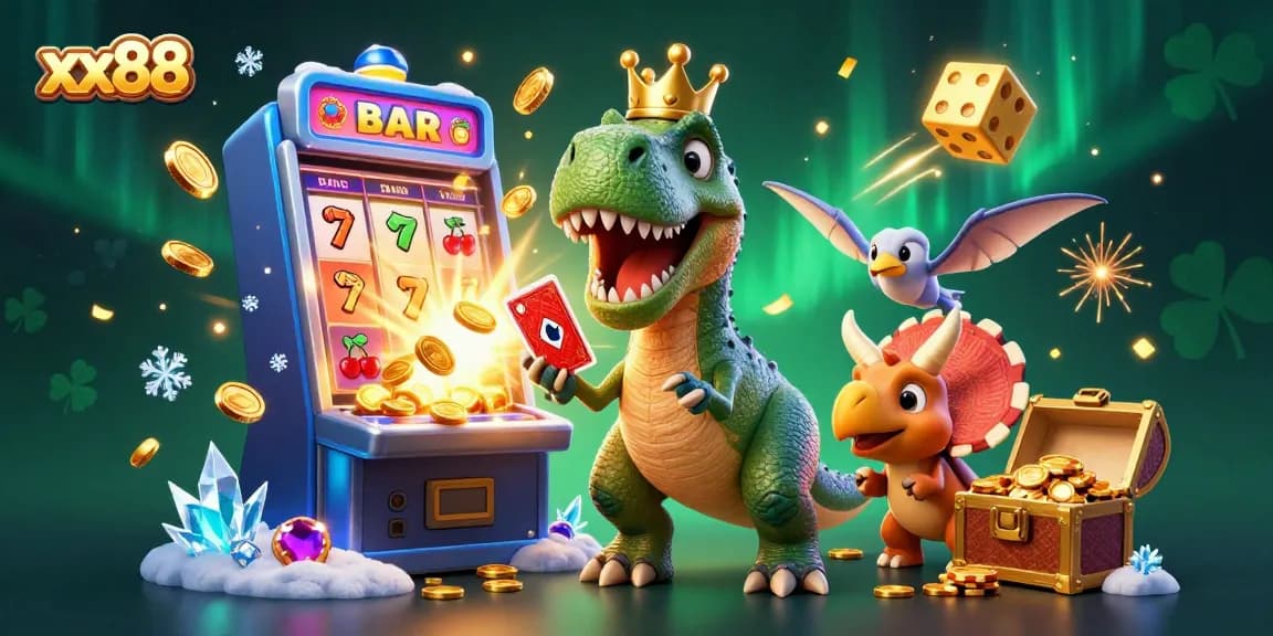Experience thrilling moments at xx88 with a cartoon dinosaur dealer and slot machine jackpot.