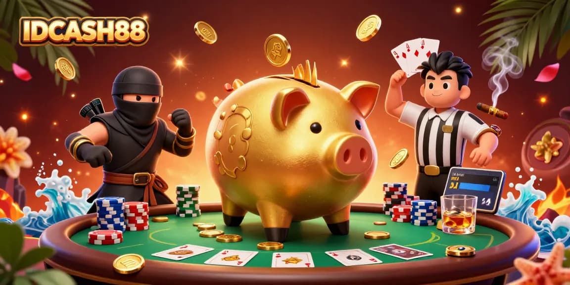 Spin the reels with IDCASH88, as golden coins burst from a massive piggy bank in a vibrant casino scene.