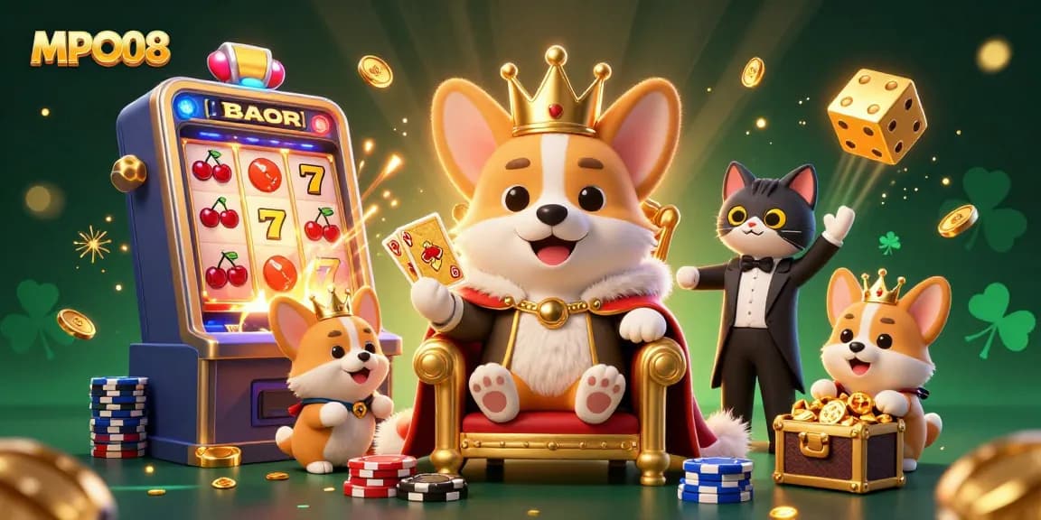 MPO08 showcases a vibrant slot game scene with a royal corgi and butler amidst a jackpot explosion.